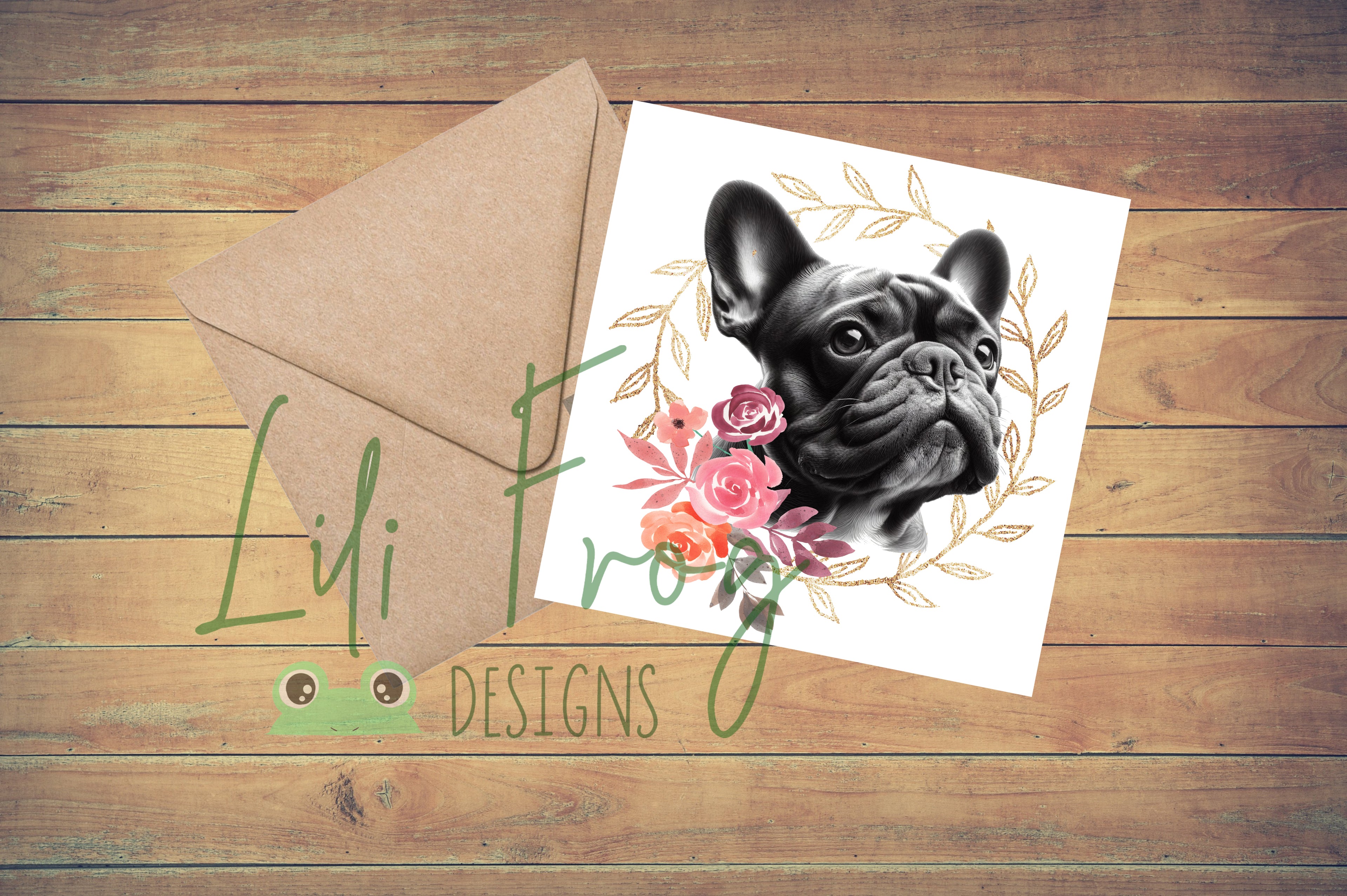 Cute Frenchie in Floral Wreath - Greetings Card