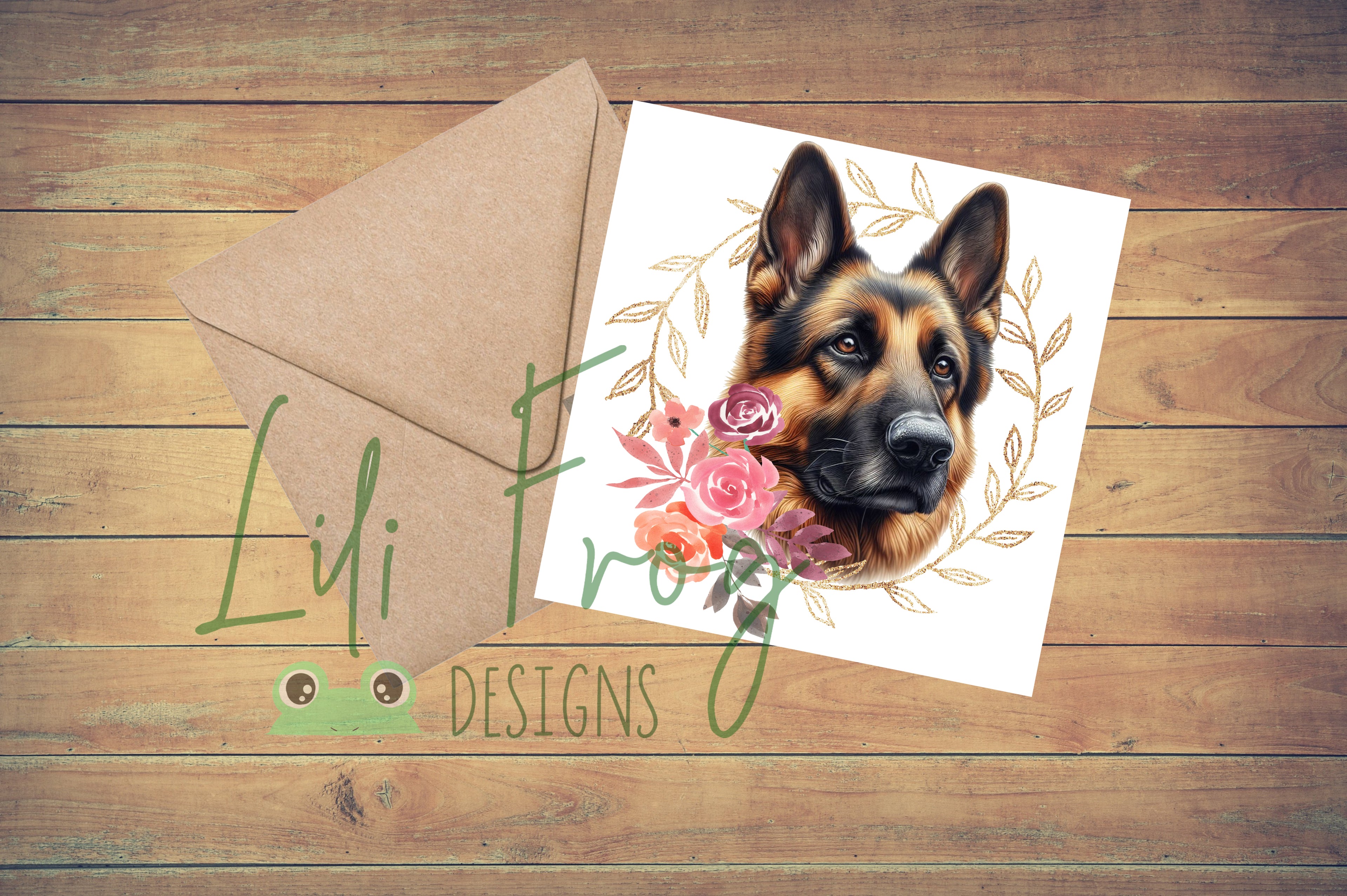 Cute German Shepherd in Floral Wreath - Greetings Card