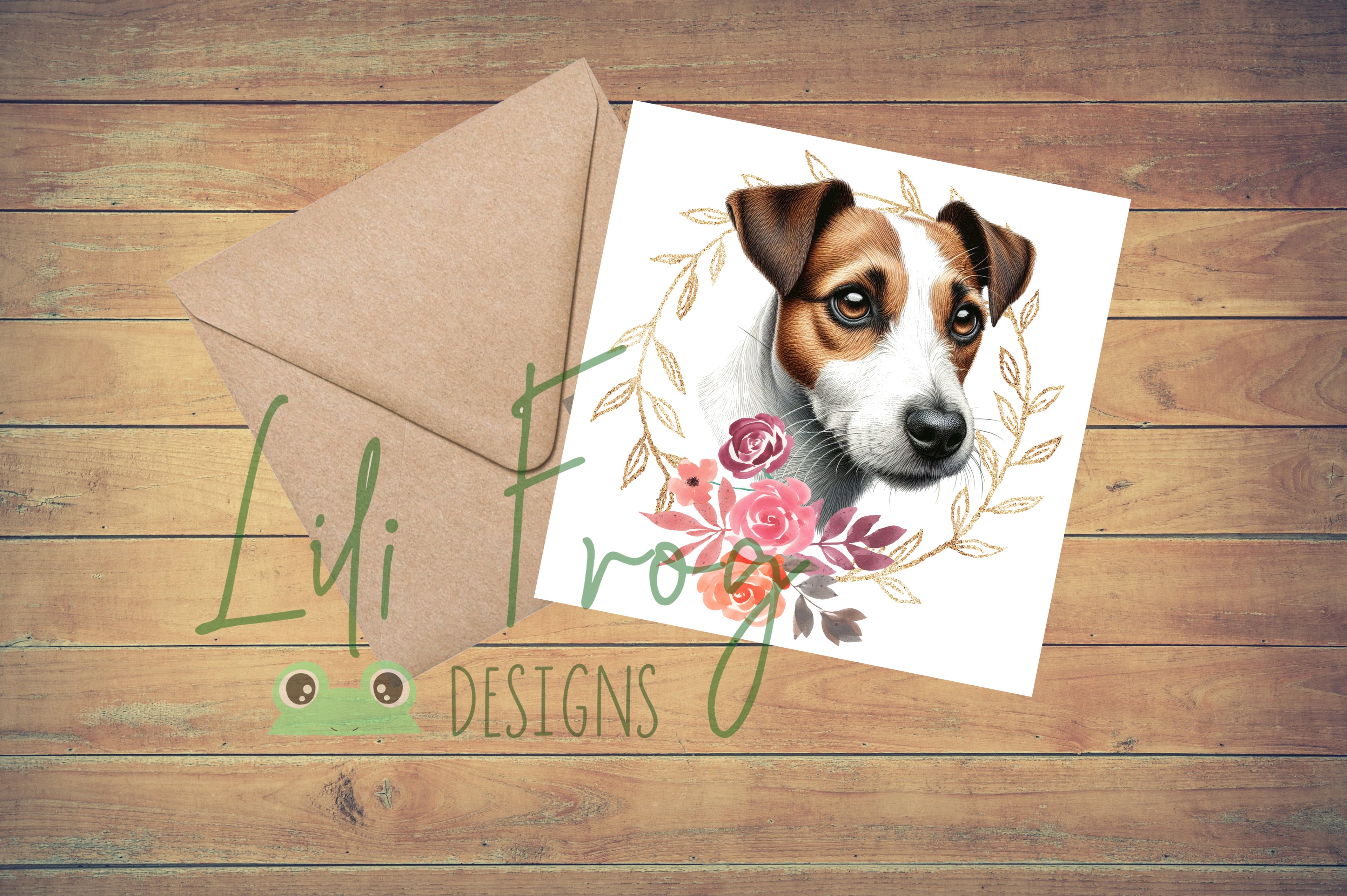 Cute Jack Russell in Floral Wreath - Greetings Card