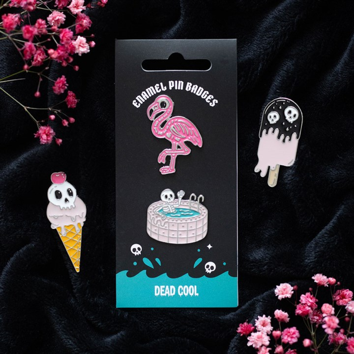 Dead Cool Skeleton and Flamingo Enamel Pin Badges